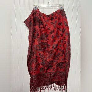Black & Red Boho Floral Paisley Scarf with Fringe